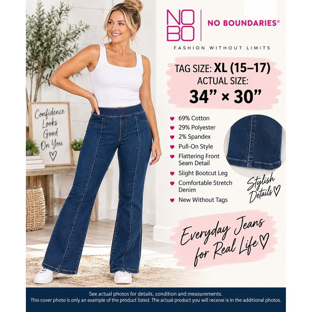 No Boundaries Womens XL 15-17 34x30 Pull On Bootcut Jeans Dark Wash Stretch 1948